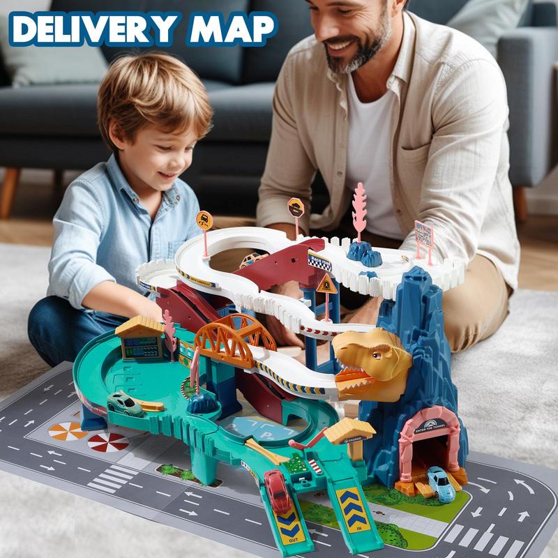 Full Size Dinosaur Race Track Playset Toys for Kids Car Ramp Track Set Toys Adventure Car Garage Parking Toy