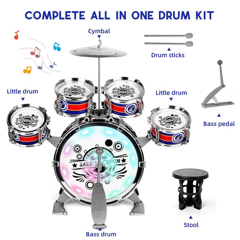 Kids Rock Jazz Drum Kit with Stool for Toddlers Baby Percussion Light Music Instruments Montessori Musical Toys Gifts for Boys and Girls Ages 3-5