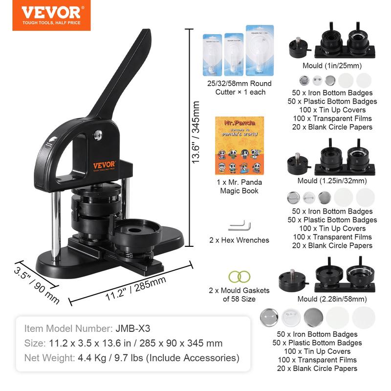 VEVOR Button Maker Machine Badge Pin Machine 25&32&58 mm 3 in 1, 300 Free Parts Press Kit, For Children DIY Gifts