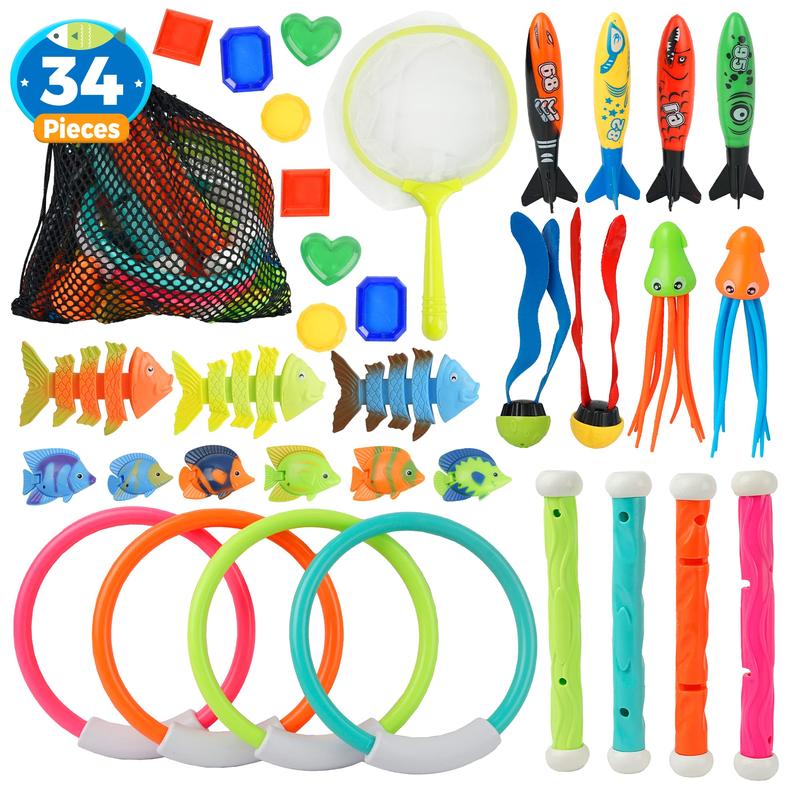 Pool Diving Toys Games - 34 PCS Swimming Pool Toys Underwater Dive Gifts with Storage Bag Training Diving Swim Toys for Boys Girls Ages 4-8