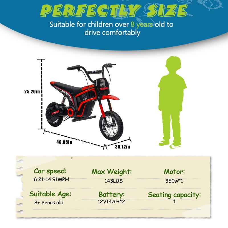 Red Pink Blue Green Kids Ride On 24V Electric Toy Motocross motor-cycle Dirt Bike-XXL large,Speeds up to 14.29MPH,Dual Suspension, Hand-Operated Dual Brakes, Twist Grip Throttle, Authentic Motocross Bike Geometry,Birthday Christmas Gift For Child