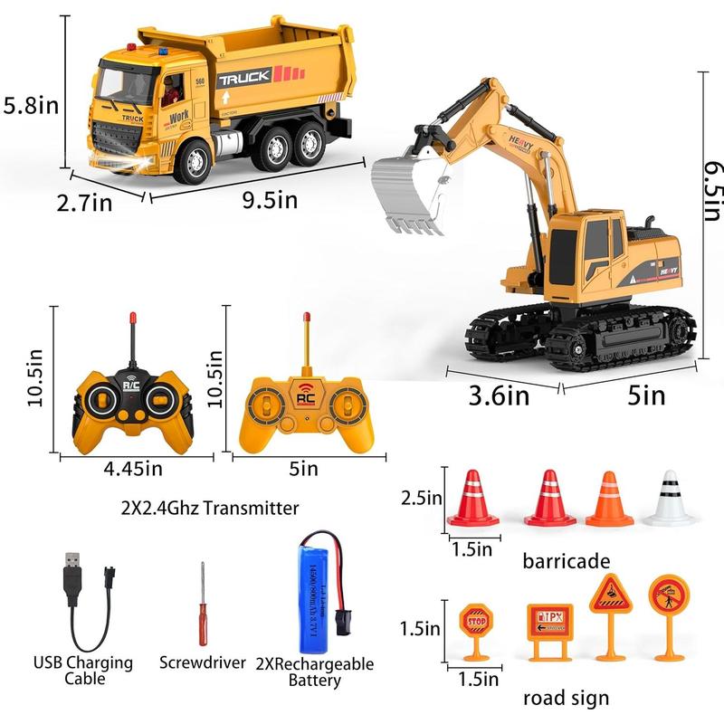 RC Construction Vehicles Toy Trucks for Boys 8-12 - Excavator Toy and Dump Truck with Road Barricades, Signs, 6 CH Remote Control Car for Kids Birthday Present