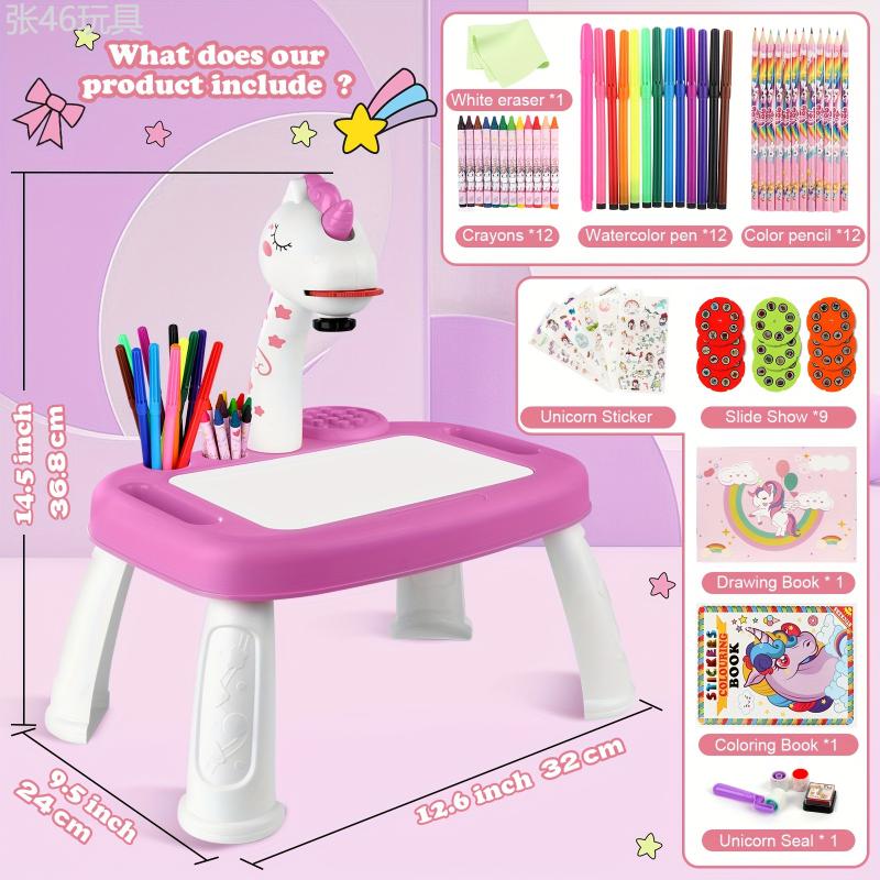 Unicorn Drawing Projector, Contains Drawing Board, Watercolor Pens, Pencils, Crayons, Scrapbook, Sticker Book, Unicorn Stickers, Stamps, Toys for Girls age 3+