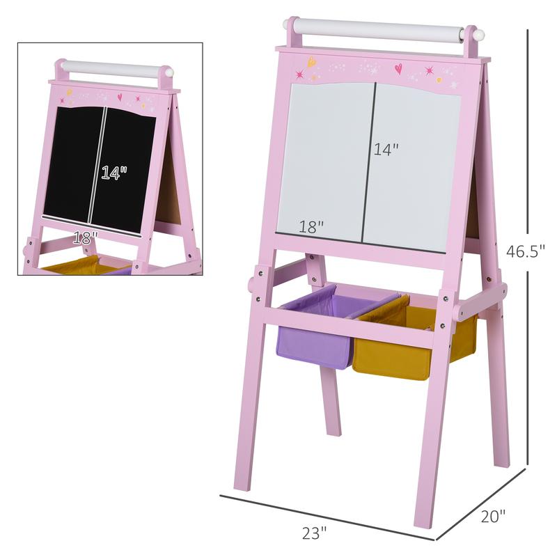 Qaba 3 In 1 Kids Wooden Art Easel with Paper Roll Double-Sided Chalkboard & Whiteboard with Storage Baskets Gift for Toddler Girl Age 3 Years+ Pink