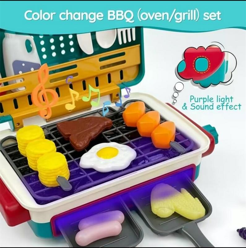 Kids BBQ Grill Toy, Barbecue Kitchen Cooking Playset with Realistic Spray, Light & Sound, Color Changing Play Food & Dishes Toy, Pretend BBQ Accessories Set for Girls Boys Toddler