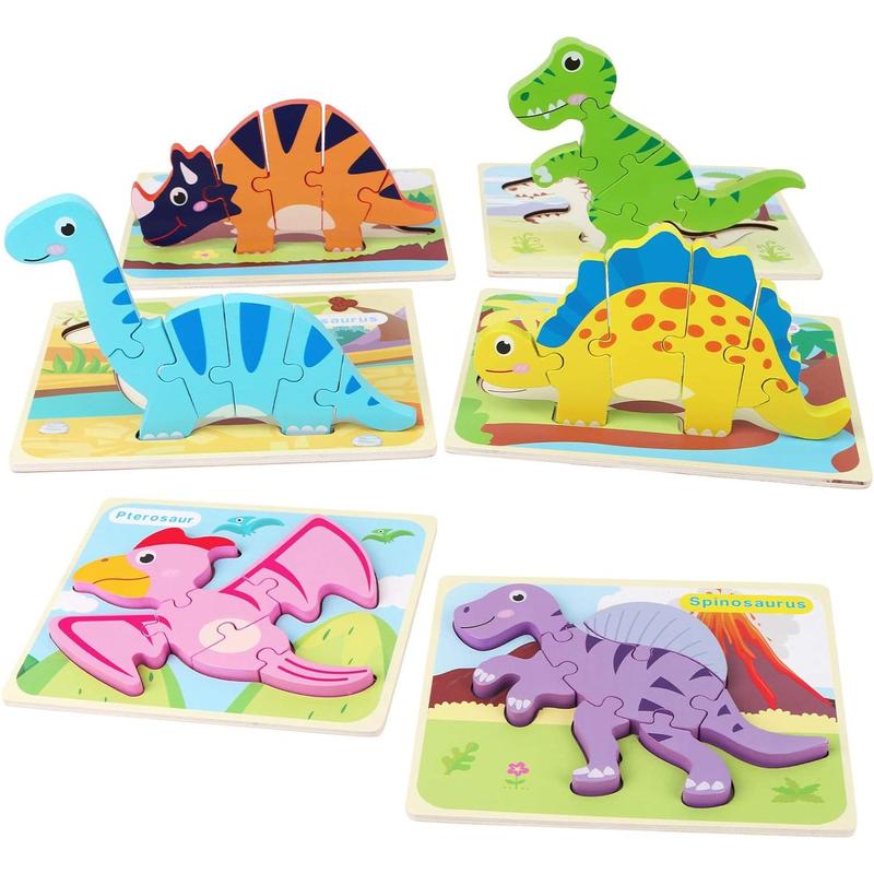 6-piece set of children's dinosaur wooden puzzle 3-5, children's wooden puzzle, 3-4-5 year old children's dinosaur puzzle, 3D dinosaur puzzle educational toys for preschool boys and girls