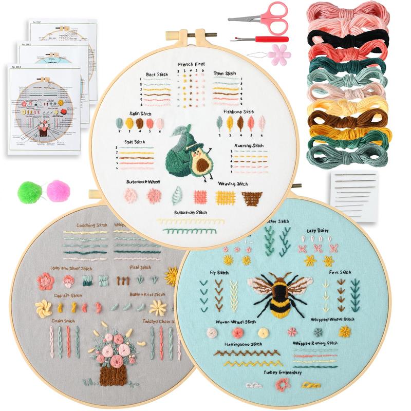 Embroidery Stitch Practice Kit, 3 Counts set Animal Fruit Flowers Pattern Cross Stitch Kit, Needle Crafts Kit with Embroidery Hoop, DIY Needlework Home Decor, Christmas Gift