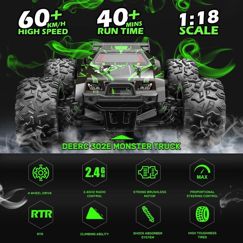 DEERC Brushless 302E RC Cars s, Upgraded 60KM H High Speed Remote Control Car, 4WD 1:18 Scale All Terrain Off Road Monster Truck with DIY Extra Shell, 2 Rechargeable Battery 40 Mins Car Toy drift rc