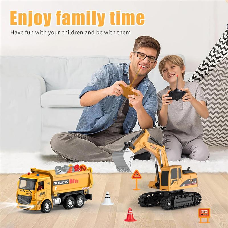 RC Construction Vehicles Toy Trucks for Boys 8-12 - Excavator Toy and Dump Truck with Road Barricades, Signs, 6 CH Remote Control Car for Kids Birthday Present