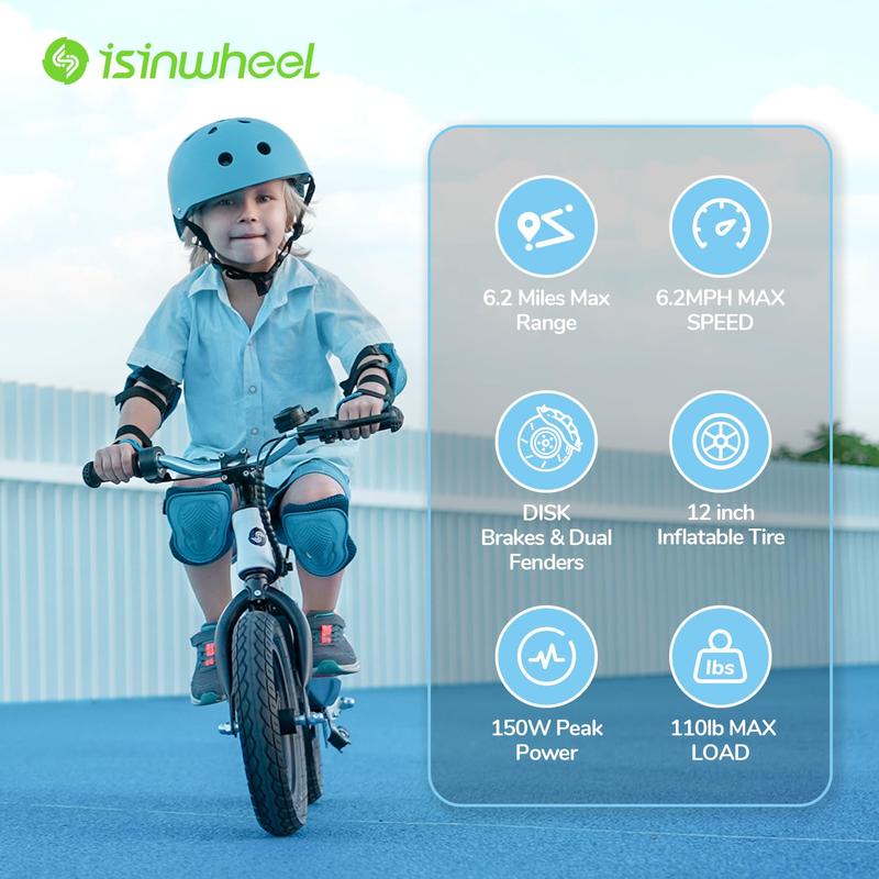 Isinwheel SK12 Electric Balance Bike for Kids Ages 3-5, 150W Motor with Swappable Battery, Adjustable Seat and 12-inch Inflatable Tire, Electric Motorcycle for Boys & Girls