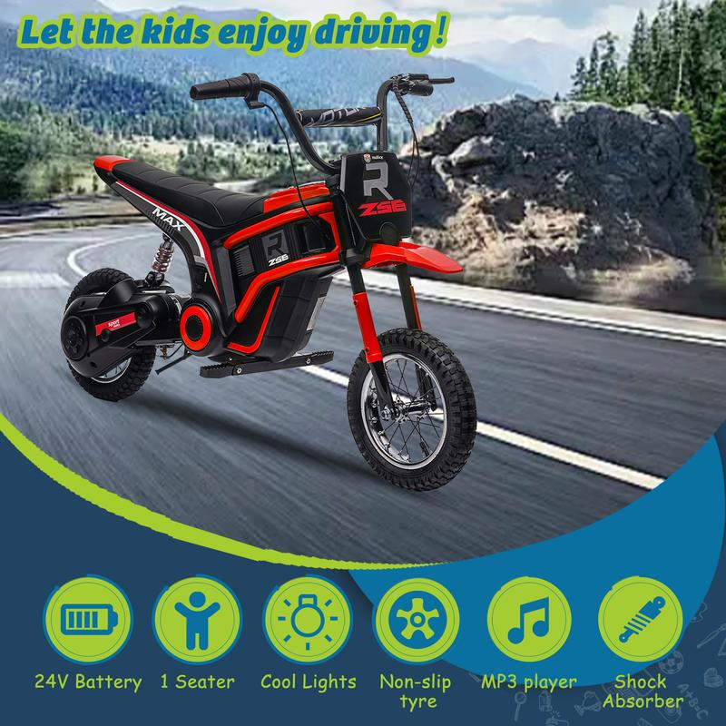 Red Pink Blue Green Kids Ride On 24V Electric Toy Motocross motor-cycle Dirt Bike-XXL large,Speeds up to 14.29MPH,Dual Suspension, Hand-Operated Dual Brakes, Twist Grip Throttle, Authentic Motocross Bike Geometry,Birthday Christmas Gift For Child