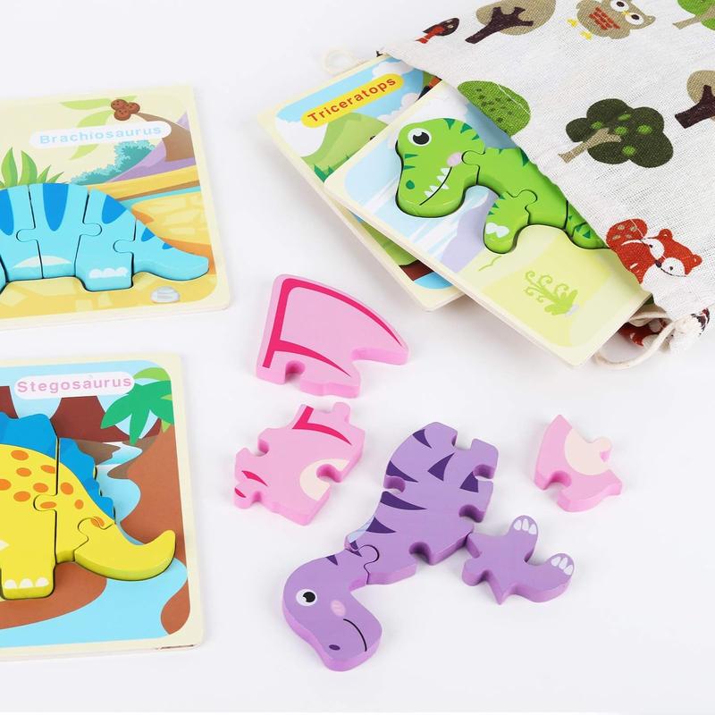 6-piece set of children's dinosaur wooden puzzle 3-5, children's wooden puzzle, 3-4-5 year old children's dinosaur puzzle, 3D dinosaur puzzle educational toys for preschool boys and girls