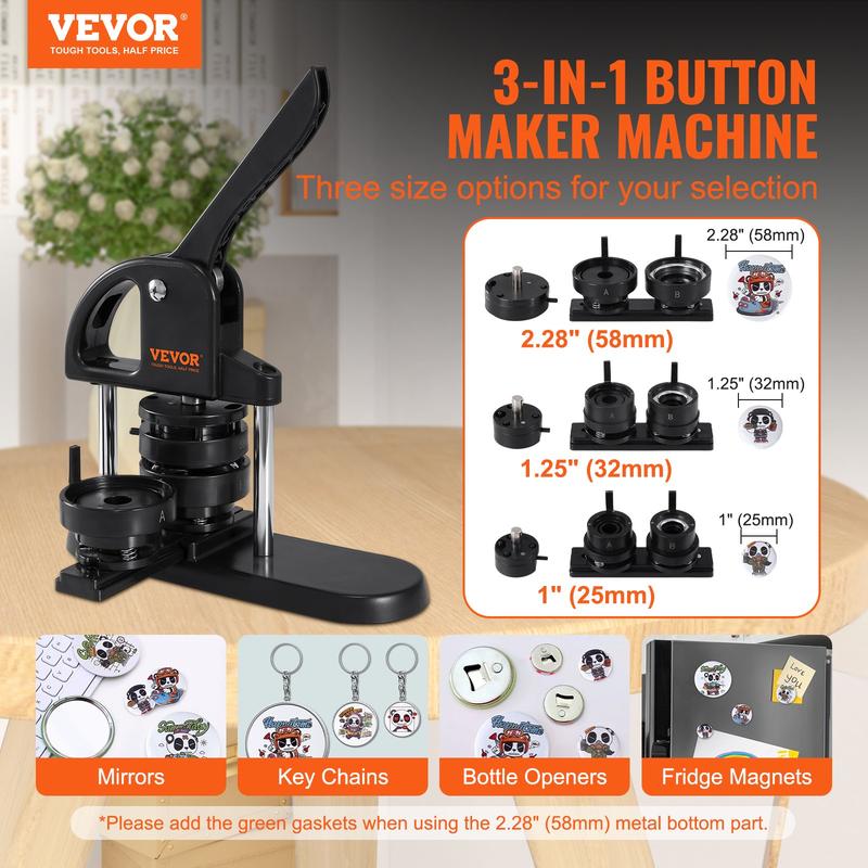 VEVOR Button Maker Machine Badge Pin Machine 25&32&58 mm 3 in 1, 300 Free Parts Press Kit, For Children DIY Gifts