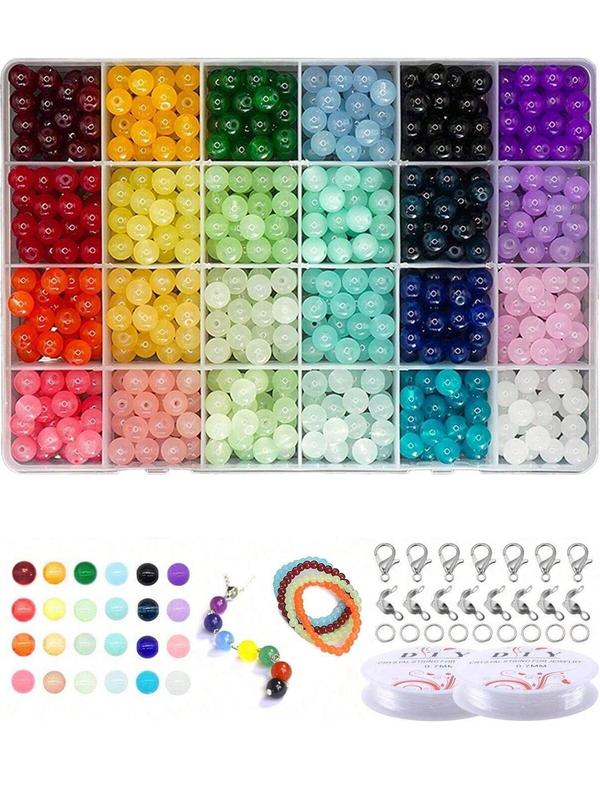 8mm Glass Beads for Jewelry Making, 24 Colors Random Color Beads with Jump Ring, Lobster Clasp, Elastic Thread for Bracelet Necklace Earrings Jewelry Making and DIY Crafts Gift