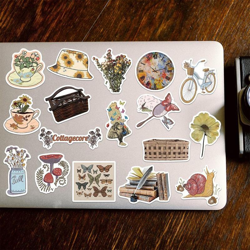 Vintage Flower & Book Pattern Sticker, 50pcs set Creative Cartoon Sticker, DIY Decorative Sticker for Stationery & Computer & Water Bottle