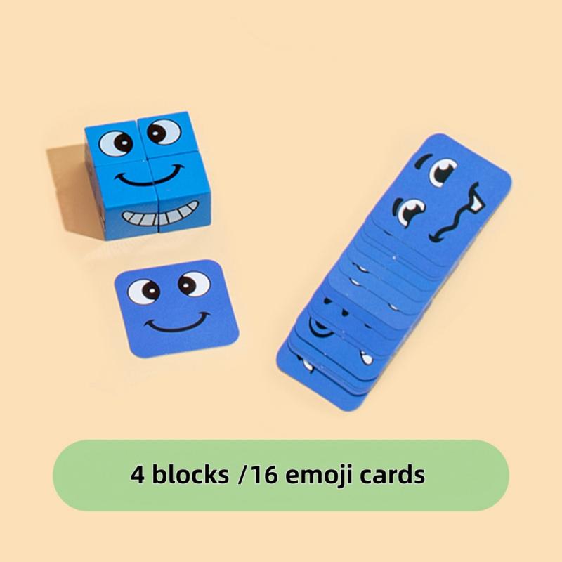 Face Changing Magic Cube Game, Wooden Expression Puzzle Building Blocks Pattern Matching Game, Educational Puzzle Games for Night