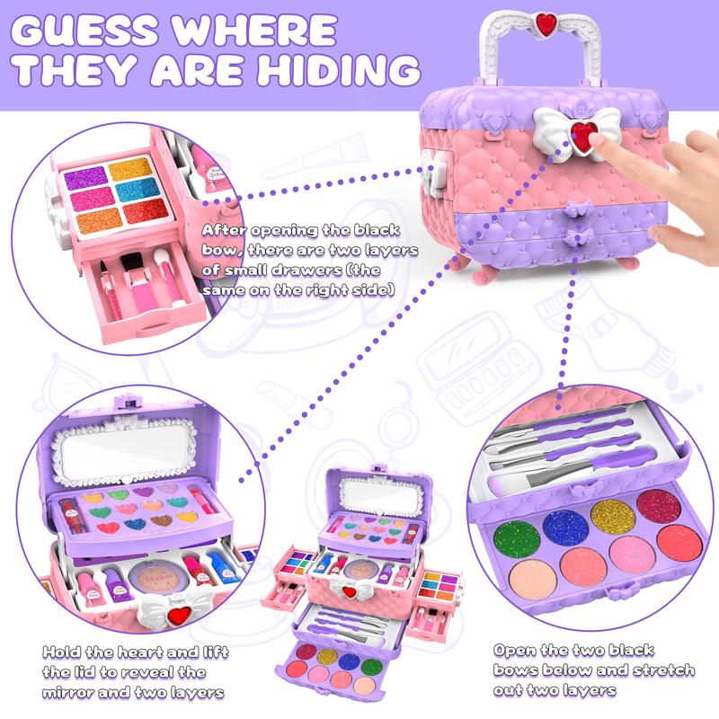 54Pcs Kids Makeup Kit for Girls, Princess Real Washable Pretend Play Cosmetic Set Toys with Mirror, Non-Toxic & Safe, Birthday Gifts for 3-10+Years Old Girls Kids (Light Purple) Christmas Gifts