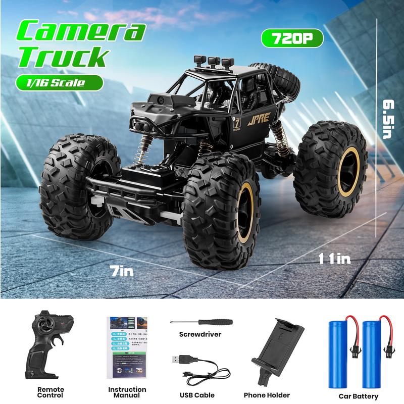 1:16 Scale RC Car with FPV Camera for Kids,2.4GHz Remote Control Truck, Off-Road High Speed Monster Trucks for Kids Adults, Black rc car