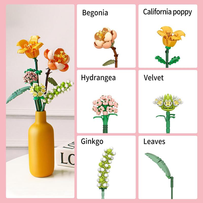 456 Piece Mini Bricks Flower Bouquet Building Set - 6 in1 Artificial Flowers Building Toys, Creative Project Botanical Collection Crafts Set,Unique Home Decor Gifts for Mom,Adults,Wife,Kids 6+