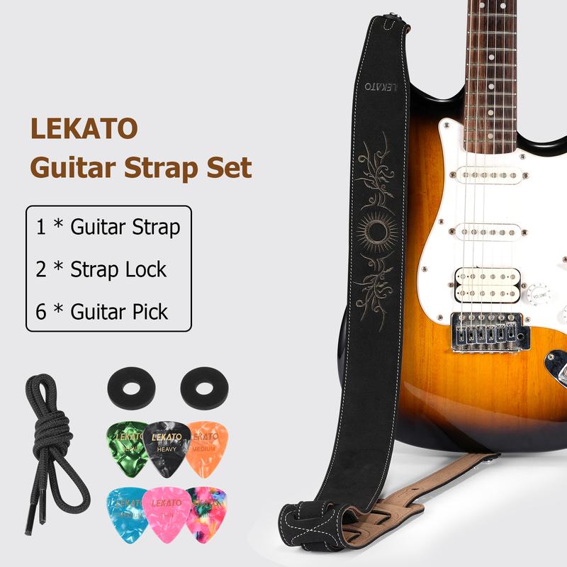 LEKATO LGS-10 Suede Guitar Strap with 2.3″ Wide Soft Suede Bass Guitar Straps for Electric Bass Acoustic Guitar Adjustable Length from 35″ to 51″ Bass Guitar Strap with Pick Holder