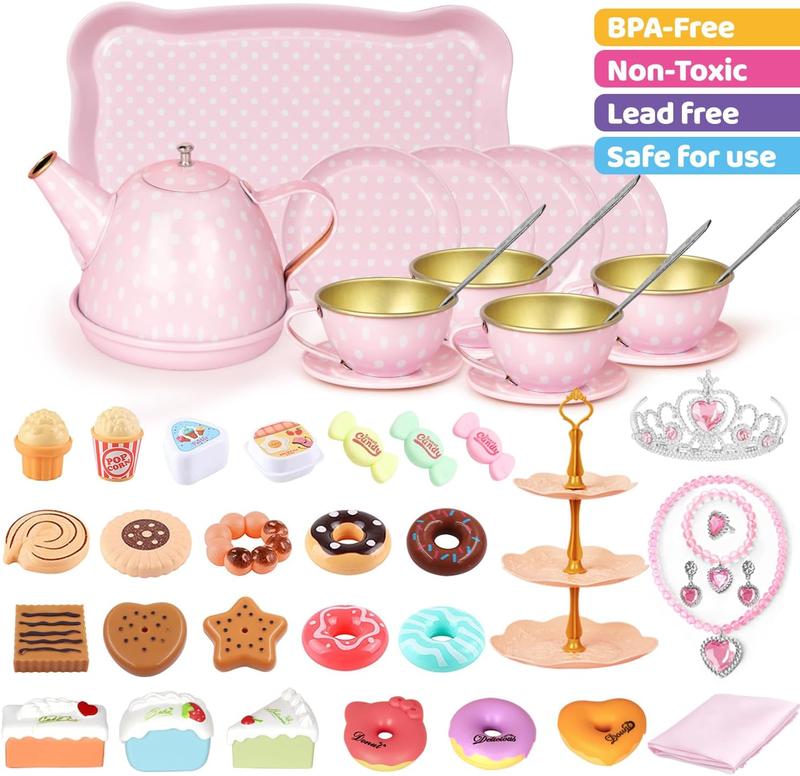 Christmas tea Party Set for Little Girls, 49PCS Princess Tea Time Toys Including Tea Set Dessert Carrying Case, Kids Kitchen Pretend Playset, Tea Set for Girls Birthday Toddler Gifts Age 3-8