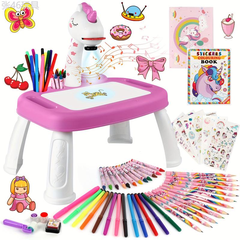 Unicorn Drawing Projector, Contains Drawing Board, Watercolor Pens, Pencils, Crayons, Scrapbook, Sticker Book, Unicorn Stickers, Stamps, Toys for Girls age 3+