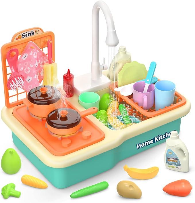 CUTE STONE Kitchen Sink with Running Water, Play Sink with Upgraded Electric Faucet, Play Cooking Stove, Pot and Pan W Spray Realistic Light & Sound