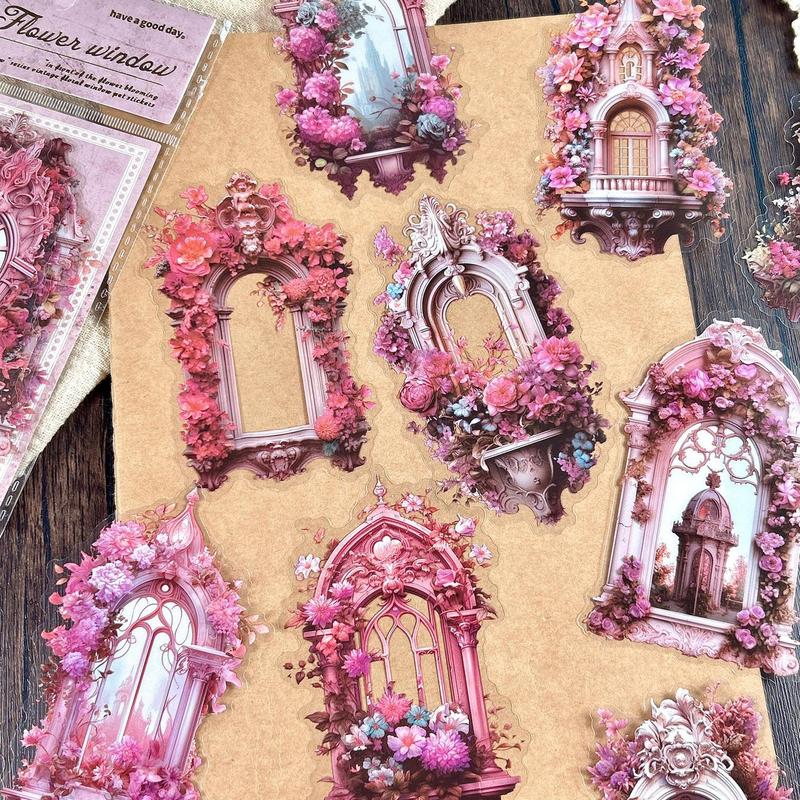 Vintage Flower & Window Pattern Sticker, 10pcs set Scrapbooking & Journal Making Material Paper, DIY Decorative Sticker for Stationery Computer Water Bottle