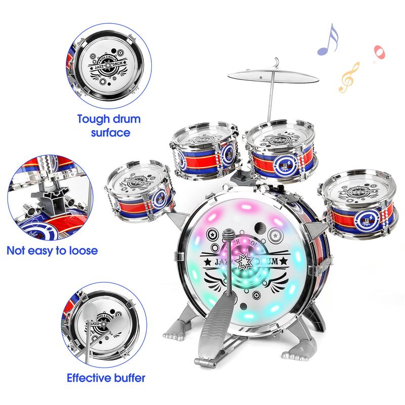 Kids Rock Jazz Drum Kit with Stool for Toddlers Baby Percussion Light Music Instruments Montessori Musical Toys Gifts for Boys and Girls Ages 3-5