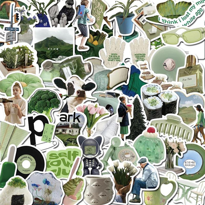 Green Theme Sticker, 62pcs set Self Adhesive Decorative Stickers, DIY Decals for Water Bottle, Phone Case, Scrapbooking, Journal Making, Gift Wrapping