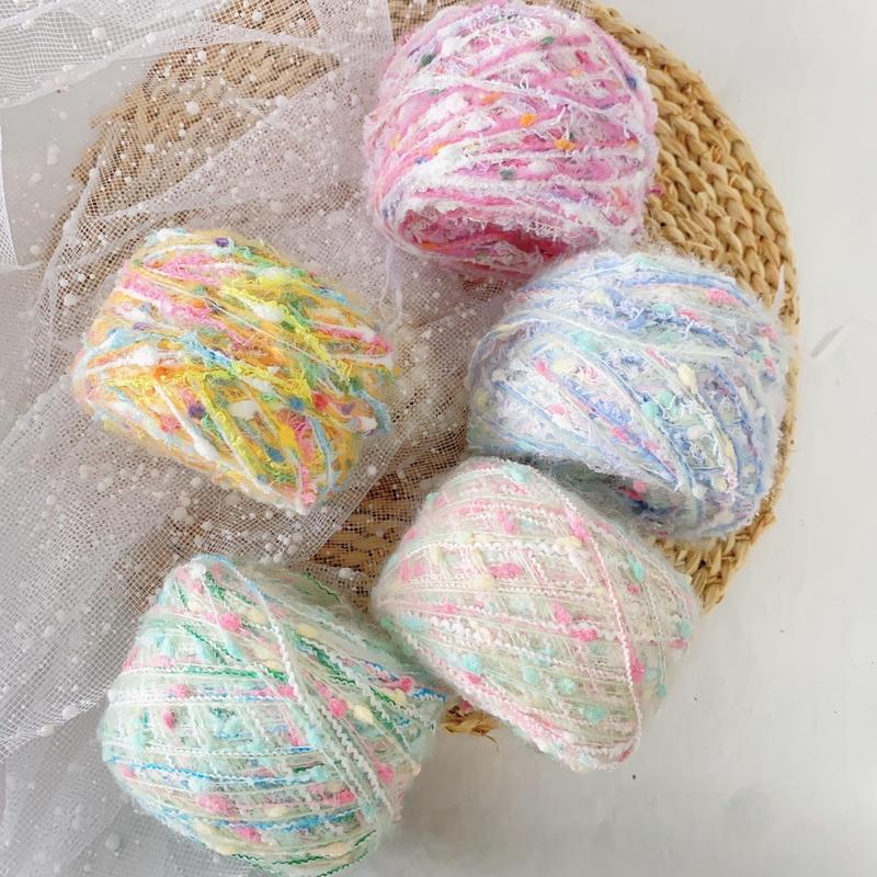 50g DIY Handmade Yarn, 1 Count Colorful Weaving Yarn, Fancy Hand Woven Multi Strand Yarn for Weaving Hair Clips, Scarves