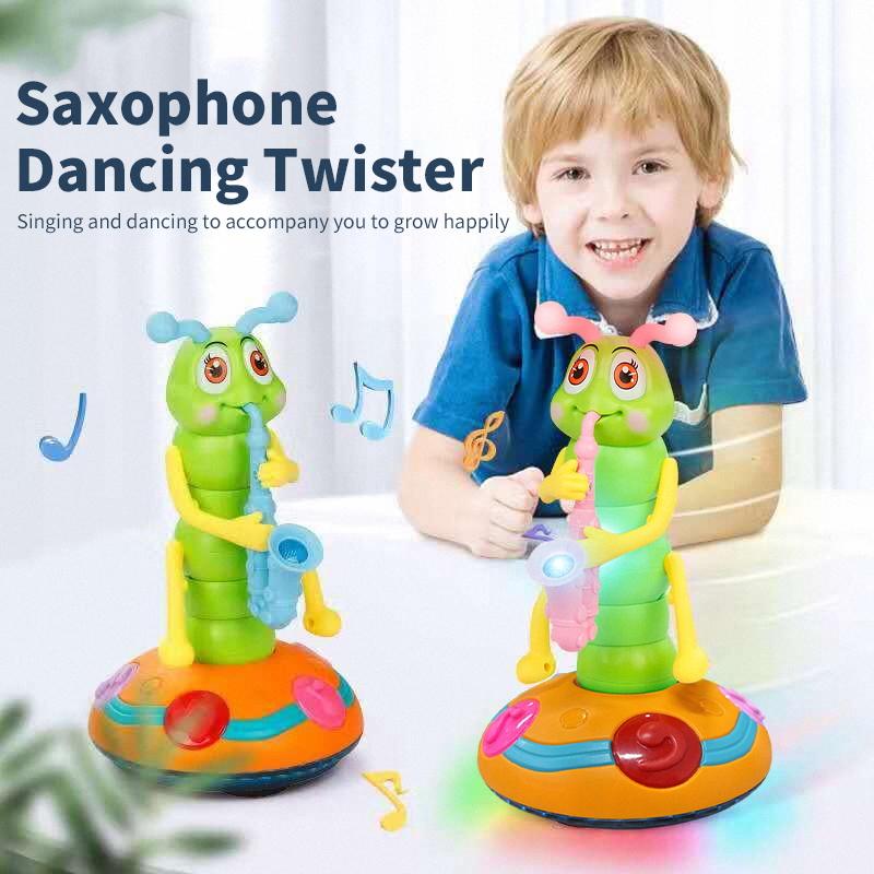 Electric Universal Singing Caterpillar Toy Playing Saxophone Colorful Lights Music Twisting Caterpillar