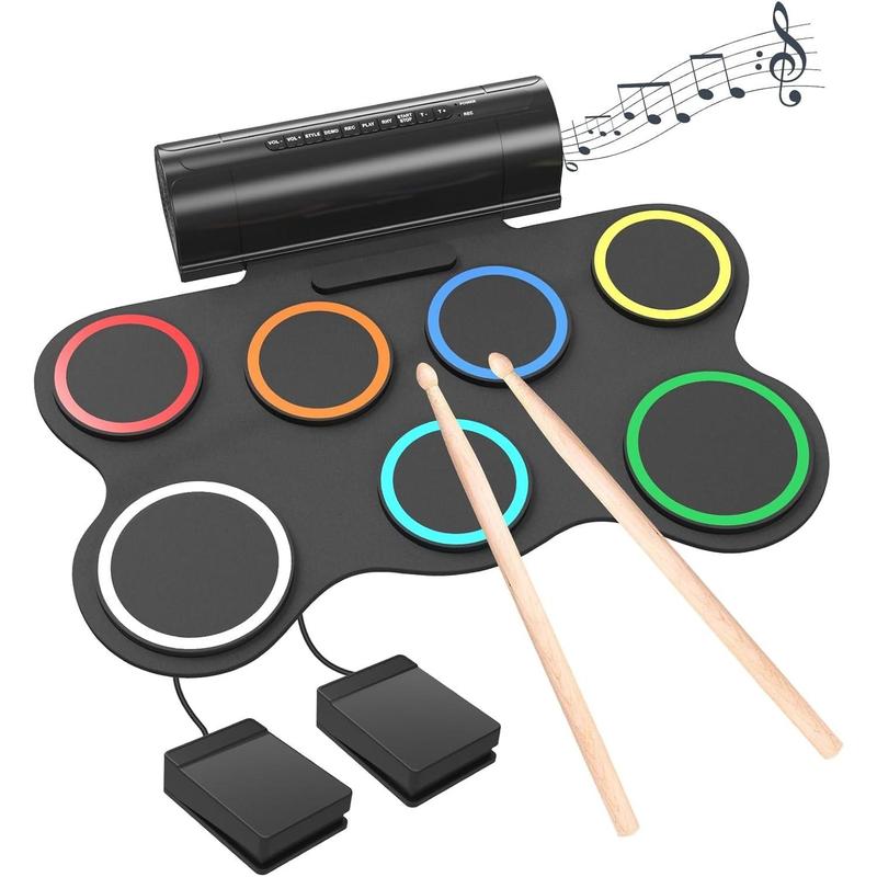 Drum Pad 7 Pads Practice Drum Kit with Dual Speakers, Support Headphone MIDI Modes, Thickened and Widened Rainbow Roll-Up Drum Pads, Ideal Christmas Birthday Gift For Beginners