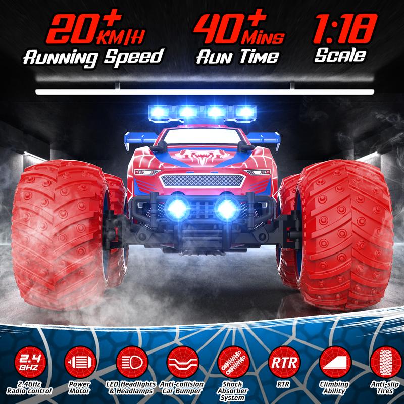 1:18 Remote Control Car - 20km h 2.4GHz All Terrain Off-Road Monster Truck with Bodylights&Headlights &Headlamps, Rechargeable Toy Car Gift. spiderman  car