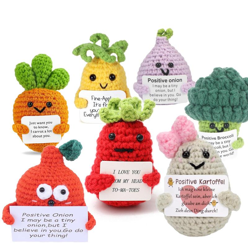 Mini Knitted Ornaments, 7 Counts set Cute Crochet Ornaments with Inspirational Card, Decorative Handmade Crafts, Funny Emotional Support Motivational Gift