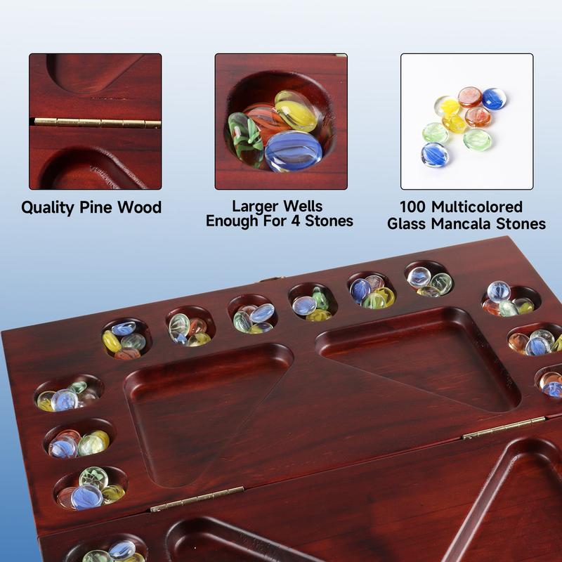 4-Player Mancala Board Game Folding Family Travel Set - Mahogany Oak