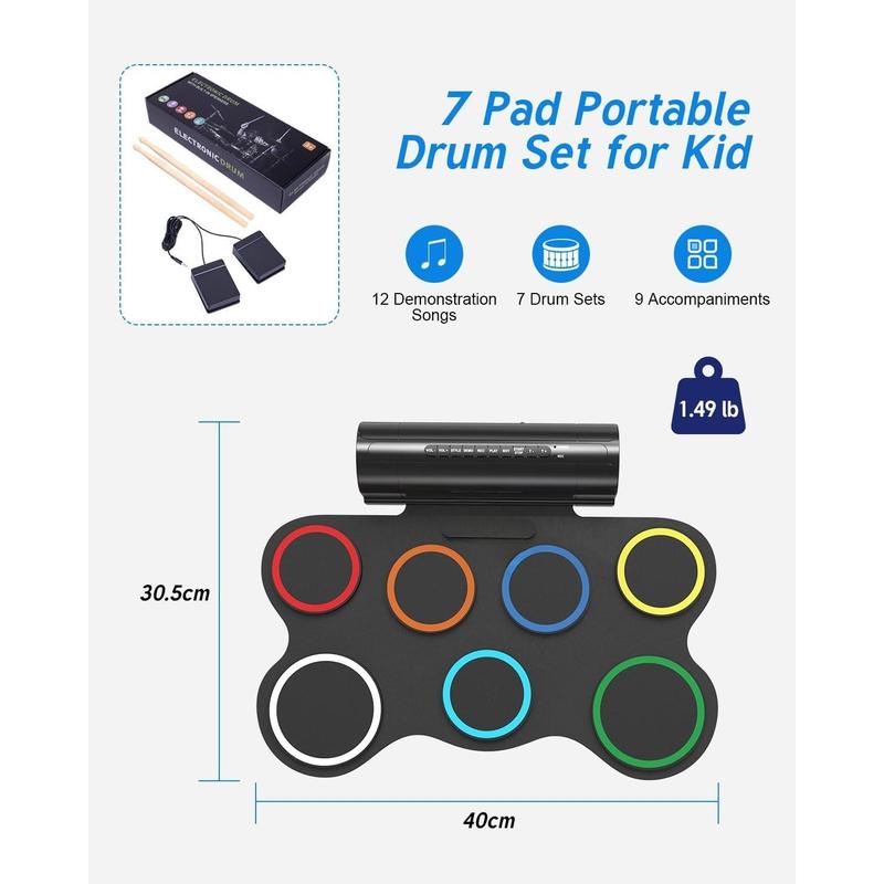 Drum Pad 7 Pads Practice Drum Kit with Dual Speakers, Support Headphone MIDI Modes, Thickened and Widened Rainbow Roll-Up Drum Pads, Ideal Christmas Birthday Gift For Beginners