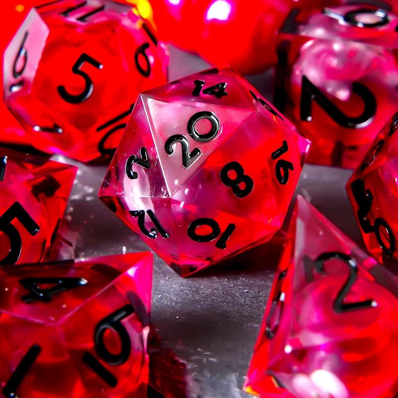 Blood Liquid Core DND Dice Set - 7-Piece Handmade Polyhedral Resin Dice with Sharp Edges for Dungeons and Dragons.