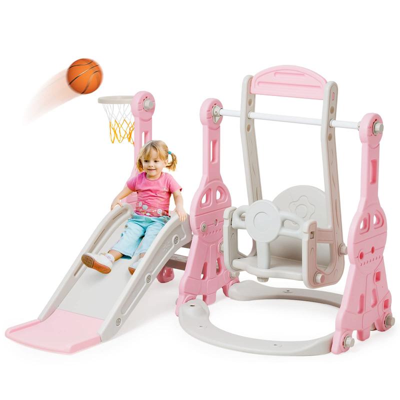 4-in-1 Compact Slide and Swing Set, Family Slide for Boys and Girls Aged 1 to 4, Slide with Basketball Hoop, Indoor and Outdoor Slide Play Facilities and Playgrounds Easy to assemble. incandescent christmas lights