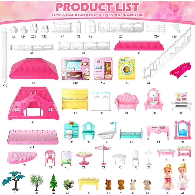 Dolls House, 4 Stories 10 Rooms Dolls House with 2 Princesses Slide Accessories, Playset Playhouse Gift, Christmas Gifts2024