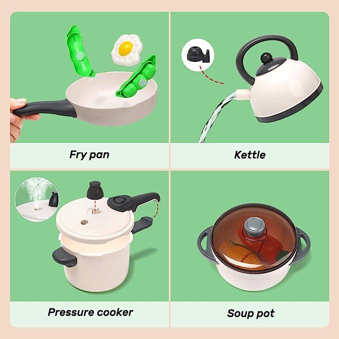 CUTE STONE Pretend Play Kitchen Toy with Cookware Steam Pressure Pot and Electronic Induction Cooktop, Cooking Utensils