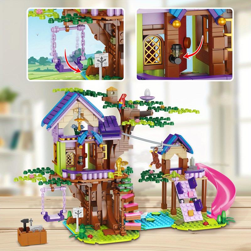 Hogokids Tree House Building Blocks Toys with LED Lights-751 Friendship Building Blocks with Slide Animals, Creative Forest Hut, Suitable for 6 7 8 9 10 11 12 Years Old Children and Girls Birthday Gift for Boy