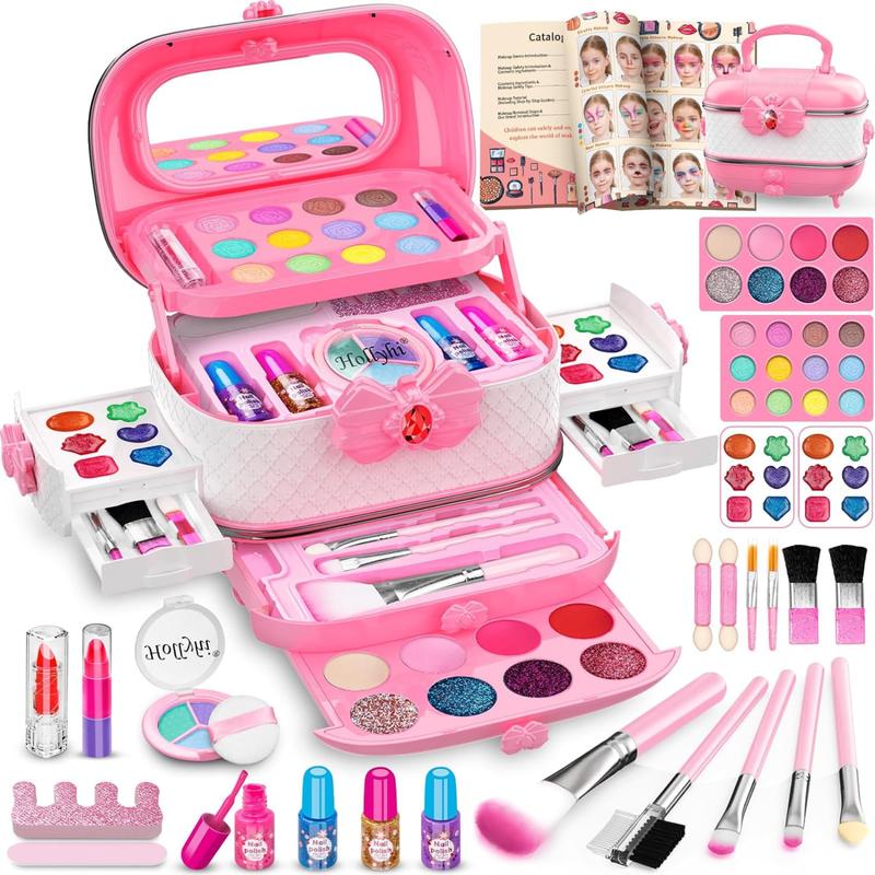 58 Pcs Kids Makeup Kit for Girl, Princess Toys Real Washable Cosmetic Set with Mirror, Play Make Up Birthday Gifts  Old Kid (Pink)