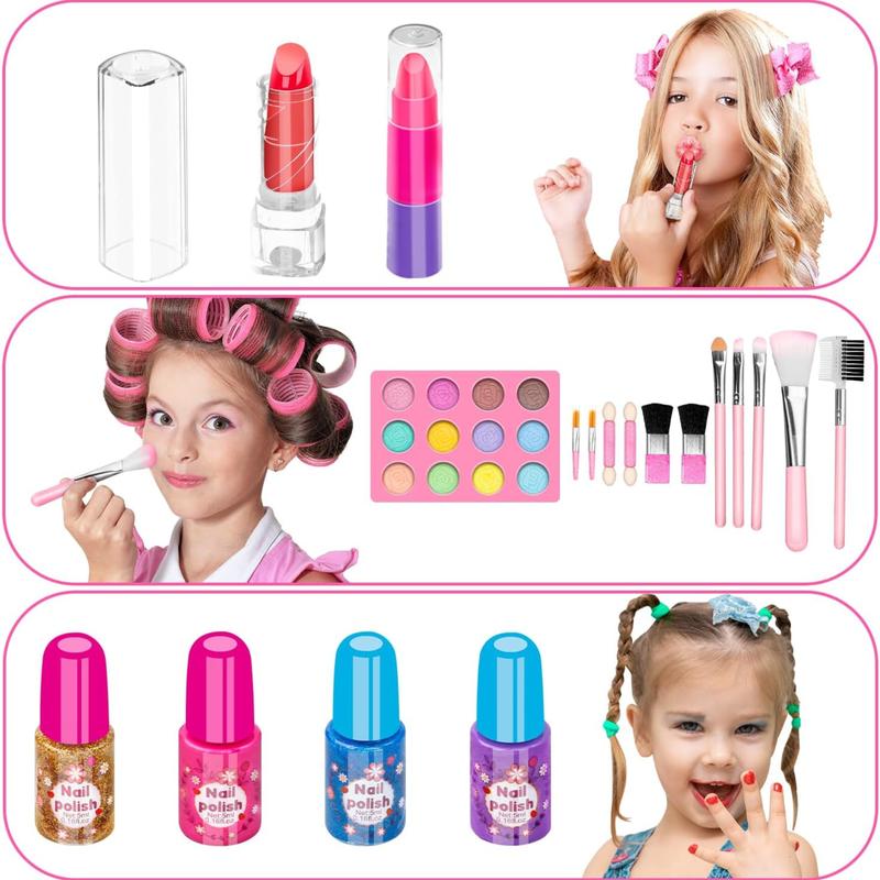 58 Pcs Kids Makeup Kit for Girl, Princess Toys Real Washable Cosmetic Set with Mirror, Play Make Up Birthday Gifts  Old Kid (Pink)