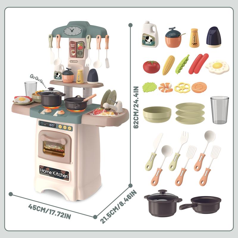 deAO Kitchen Toys Kitchen Playset Toy with Sounds and Lights Role Playing Game Pretend Food and Cooking Playset,26 PCS Kitchen Accessories Set