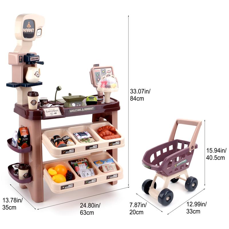 deAO Supermarket Playset Grocery Store Pretend Play Role Market Stall Toy Shop with Shopping Cart, Plays Kitchen Set