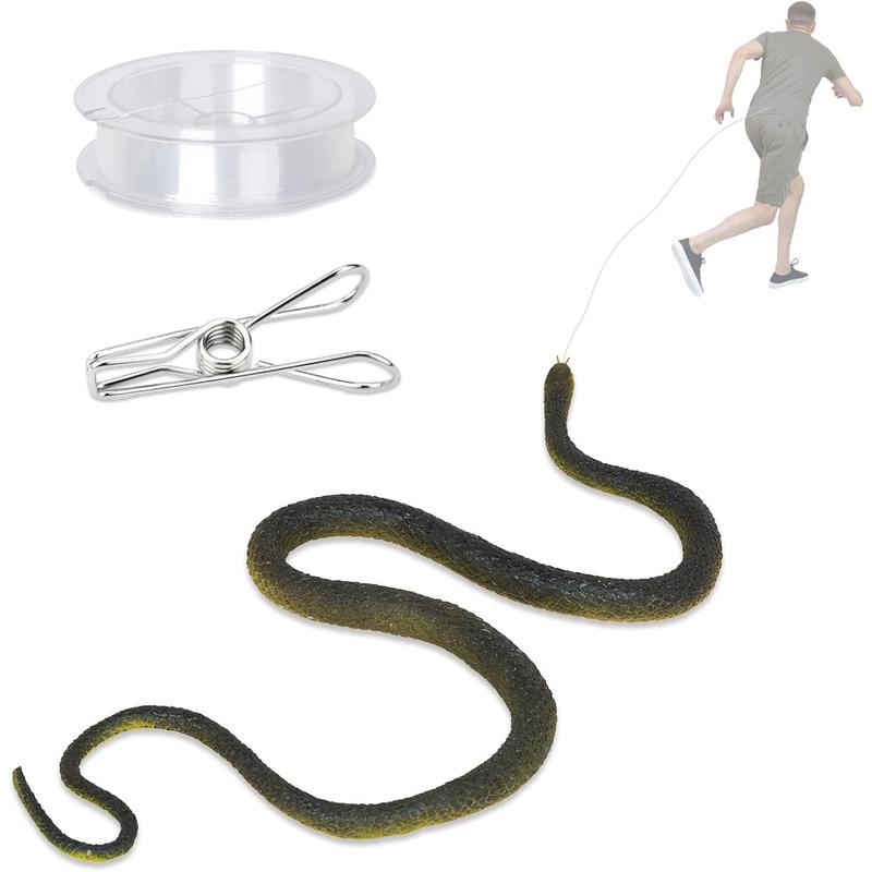 Snake Prank with String Clip, Golf Snake Prank, Rubber Fake Snake Prank with String, Rubber Snake Tricky Toy, Gag Gift (6.56 ft String, 3.9 ft Rubber Snake)