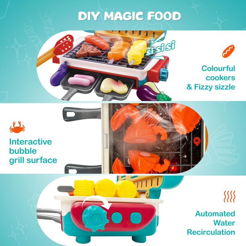 BBQ Grill Toy Set  with Steam and Smoke Change Color Effect Interactive Toy Aged 4 5 6 7 8 + Steak, Fried chicken legs, Color-changing Water Cups Pink Green