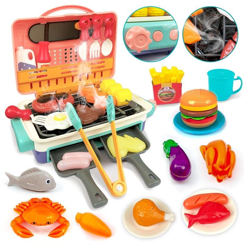 BBQ Grill Toy Set  with Steam and Smoke Change Color Effect Interactive Toy Aged 4 5 6 7 8 + Steak, Fried chicken legs, Color-changing Water Cups Pink Green