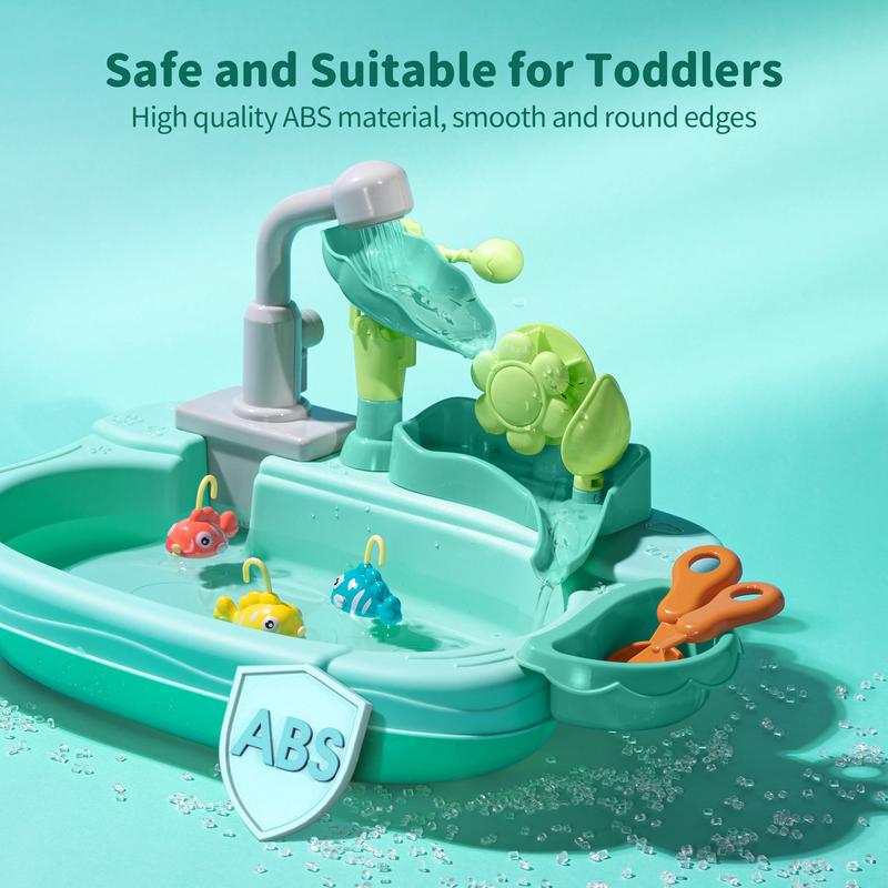 Geyiie Play Sink with Running Water for Toddlers, Includes Real Faucet, Kitchen Accessories, Fishing Toys and Waterwheel